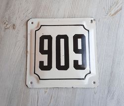 Old Soviet address house number plaque 909 - vintage white black enamel metal number sign
