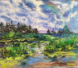 Rainbow River Pond Forest Sky Original Impasto Art Oil Painting Artist Svinar Oksana