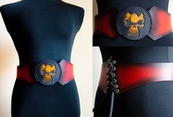 Red corset leather belt for LARP costume or fantasy cosplay.
