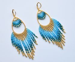 Gold and turquoise beadwork dangle earrings. Blue ombre chandelier earrings. Tribal Egypt jewelry