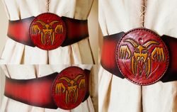 Red wide leather belt for LARP or Cosplay costume. Corset belt for Krampus cosplay.