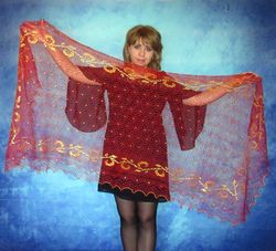Red scarf with golden embroidery, Russian shawl, Knitted cover up, Wool wrap, Wedding stole, Warm bridal cape, Kerchief