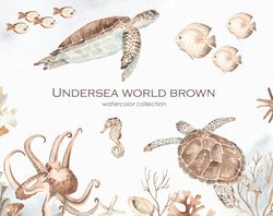 Underwater world. Watercolor clipart. Brown Sea turtle, seahorse, squid, algae, corals, shells, octopus. PNG. Digital