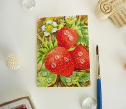ACEO Miniature Strawberries in the garden with drops of dew, Watercolor Original, floral gift