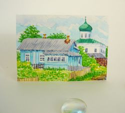 Miniature Russian Village Landscape with House and Church, watercolor painting, ACEO original