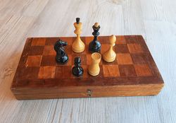 Small old wooden chess set USSR - 1950s vintage Soviet chess antique