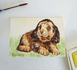 Miniature Funny Puppy Dog, animal doggy, ACEO, Watercolor original