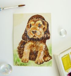 Miniature Funny Puppy with Long Ears Dog, animal doggy, ACEO, Watercolor original