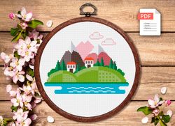 Pink Mountains Cross Stitch Pattern, Island Cross Stitch, Embroidery Travel, Travel Cross Stitch Pattern
