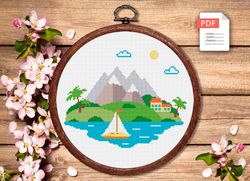 Mountain Landscape Cross Stitch Pattern, Island Cross Stitch, Embroidery Travel, Travel Cross Stitch Pattern
