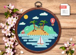 Tropical Island Cross Stitch Pattern, Island Cross Stitch, Embroidery Travel, Travel Cross Stitch Pattern