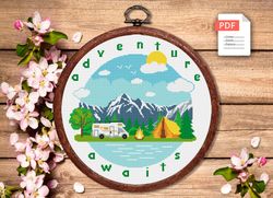 Adventure Awaits Cross Stitch Pattern, Camping Cross Stitch, Embroidery Adventure Awaits, Travel Pattern