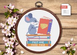 Just One More Page Cross Stitch Pattern, Mouse Cross Stitch Pattern, Books Cross Stitch Pattern, Books Patterns