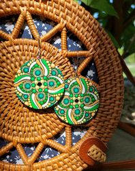 Hand Painted Green Mandala Earrings, Boho Green earrings, Hand Painted earrings, Hippy earrings