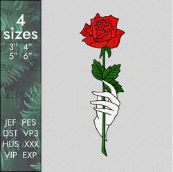 Rose Embroidery Design, romantic flower gift in hand, 4 sizes, Instant Download