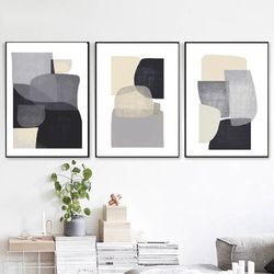 Grey Abstract Print Set of 3 Prints Modern Poster Abstract Painting Black Gray Wall Art Downloadable Prints Triptych Art