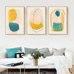 Three Prints Abstract Poster Printable Wall Art Yellow Blue Art Set of 3 Abstract Shapes Interior Decor Triptych Print