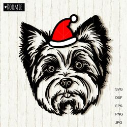 Yorkshire terrier in Santa hat svg file, Christmas Yorkie vector clipart face Puppy Cut file Cricut Dog Vinyl Laser /66