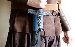 Blue sword hanger. Axe belt holster. Leather belt loop for hammer. Larp sword frog. Weapon holder.