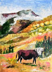 Cow Painting Original Art Colorado Landscape Mountain Artwork Meadow Painting Cow Artwork Small Oil Painting 11.5 x 8.5