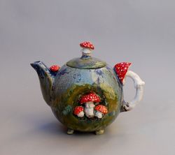 Fly agaric Art teapot Handmade Beautiful ceramic teapot Mushrooms figurine Bright Handpainted Fairy teapot Collectible Wonderland style .Designer handmade crockery. Exclusive teapot. Gift for mom, kitchen decor, fabulous tea party .Natural style