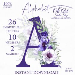 Alphabet. Anemone Flowers. Letters, Numbers. Hand Drawn graphics. Digital Download. OliArtStudioShop