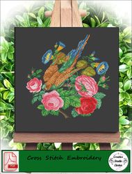 Embroidery scheme Bird and roses / Vintage Cross Stitch Scheme Flower Basket