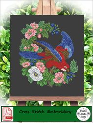 Embroidery scheme Blue Parrot / Vintage Cross Stitch Scheme Flower Basket