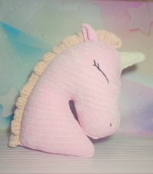 Decorative pillow unicorn, crochet unicorn pillow, plush cushion, unicorn pink nursery decor, pink unicorn pillows
