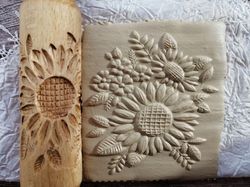 Sunflower rolling pin embossed - engraved wood rolling pin - for cookies