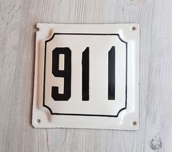 Old Soviet address house number plaque 911 - vintage white black enamel metal number sign