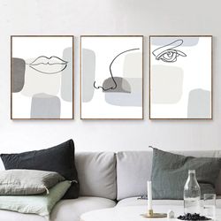 Face Line Art Women Line Drawing Blue Wall Art Set of 3 Prints Abstract Painting Downloadable Prints Living Room Decor