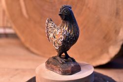 Wooden black bog oak bird, Wooden carved chicken, Kitchen figurine, Home decor