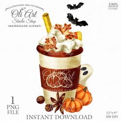 Halloween Pumpkin Spice Latte. Fall coffee PNG. Pumpkin drinks. Design Digital Download. OliArtStudioShop