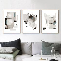 Gray Abstract Print Triptych Poster Geometric Painting Modern Art Set of 3 Wall Art Living Room Decor Digital Prints