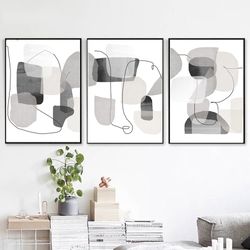 Grey Abstract Print 3 Piece Wall Art Digital Prints Abstract Triptych Large Artwork Abstract Shapes Poster Grey Decor