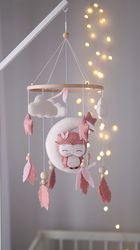 Owl baby pink mobile. Nursery decor girl. Baby shower gift
