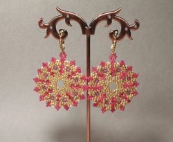 Round earrings woven of beads and beads gold pink large