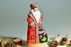 Red wooden Santa, Collectible wooden figurine, Hand carved and painted, Tall Santa ornament, 9.5 inch tall