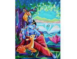 Krishna Painting Indian Original Art Spiritual Artwork Colorful Wall Art Oil Canvas16 by 20 inch ARTbyAnnaSt
