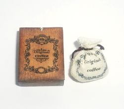Dollhouse miniature 1:12 box of coffee, coffee, coffee bag, wooden box