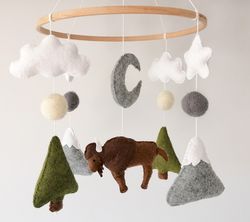Bison baby Mobile Nursery, Forest Crib Mobile,Gray Mountains Cot Mobile,Woodland Mobile For Girl Boy ,Neutral Mobile