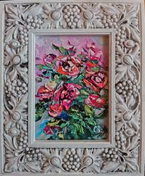 Roses Bouquet Pink Flowers Oil Painting Impasto Original Framed Artist Svinar Oksana