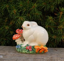 Small handmade porcelain figurine Cute rabbit Mushroom decor fly agaric, chanterelles, berries Ceramic figurine