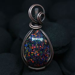 Black opal pendant. Laboratory opals and pure copper with patina. Mosaic Opal necklace, wire wrap handmade