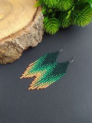 Green beaded earrings, Seed bead fringe earrings, Ombre earrings, Christmas earrings, Bright colorful earrings