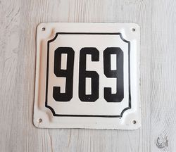 Soviet old address house number plaque 969 - vintage white black enamel metal number sign