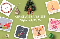 Christmas square greeting cards set, sporting Santa, reindeers, snowmen, christmas tree,98 pieces, AI, EPS, JPEG