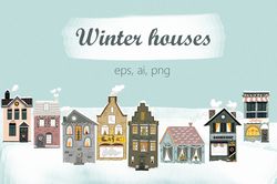 Winter snow covered houses clipart, winter village, earth colors, Merry Christmas clipart, winter village, EPS, AI, PNG