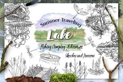 Summer on the Lake with trees. Fishing Clipart Lake, Watercolor Sketches. Instant Download